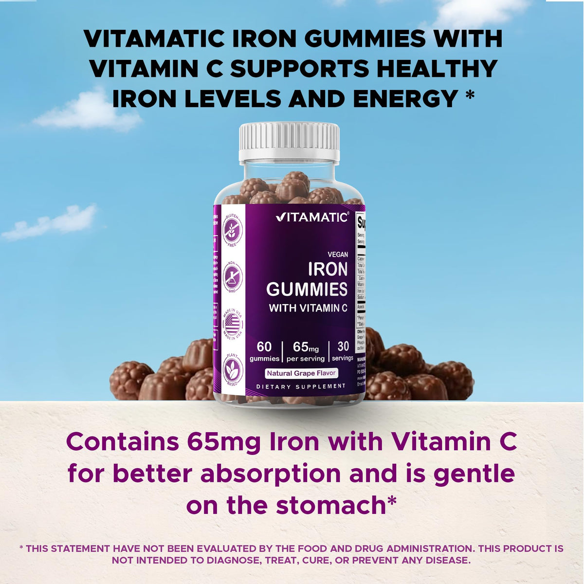 Vitamatic Iron 65 mg with Vitamin C - 60 Vegan Gummies, Made in USA | 65 mg Iron Per Serving, Natural Grape Flavor, Pectin Based, Gluten Free, Non-GMO