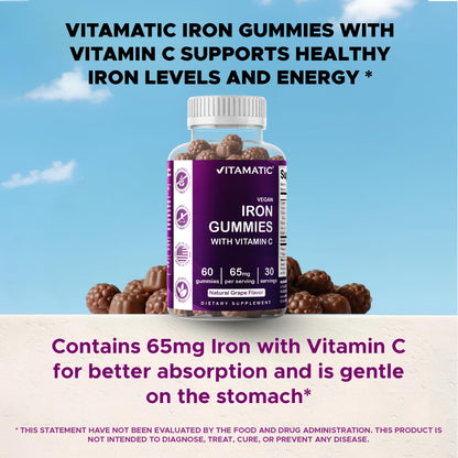 Vitamatic Iron 65 mg with Vitamin C - 60 Vegan Gummies, Made in USA | 65 mg Iron Per Serving, Natural Grape Flavor, Pectin Based, Gluten Free, Non-GMO