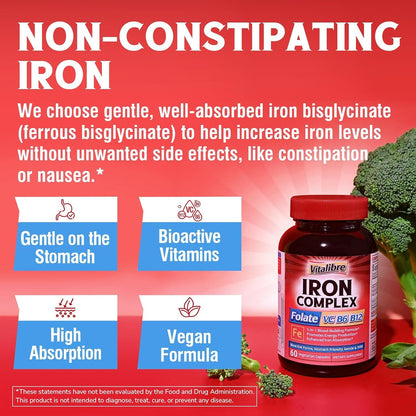 Iron Supplement for Women & Men, with Vitamins C, B6, B12 & Folate | for Iron Deficiency, Blood Building & Energy Support, Stomach Friendly, Better Absorption, Non-GMO, No Gluten, 60 Vegan Caps