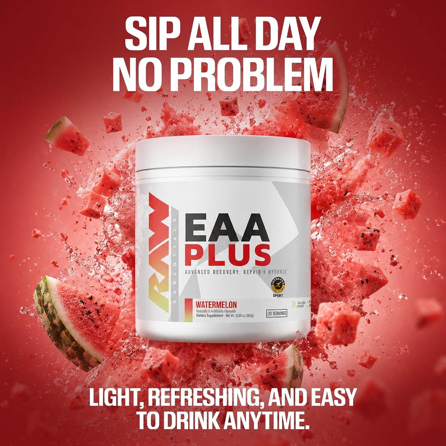 RAW EAA Plus, Amino Acids Powder, Watermelon Grape (30 Servings) - Pre Workout Amino Energy Powder for Advanced Endurance, Recovery & Lean Muscle Growth - BCAA Amino Acids Supplement for Men & Women