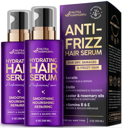 Hydrating Hair Serum for Dry & Frizzy Hair, Lightweight Leave-In Anti-Frizz Treatment, Non-Greasy Split Ends Repair with Keratin, Biotin, Castor & Rosemary Oils, Smooth Shine & Heat Protection, 5 oz
