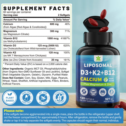 6-in-1 Plant Based Calcium Supplements for Women Men- Calcium 600mg w/ D3 K2 5000 IU Vitamin, Liposomal & Algae Ca-lcium Magnesium Zinc + Vegan Vitamin D 5000 IU + K2 MK7 + Methyl B12 for Bone, 1 Pack