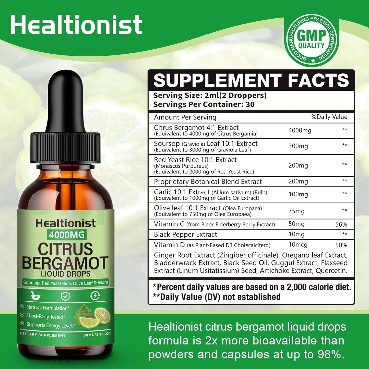 2 Packs 4000mg Citrus Bergamot Liquid Drops - Cholesterol Lowering Supplement for Immune Support Anti-Aging, Hight Cholesterol - Soursop Bitters Liquid, High Absorption, 4 Fl Oz