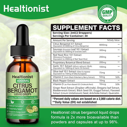 2 Packs 4000mg Citrus Bergamot Liquid Drops - Cholesterol Lowering Supplement for Immune Support Anti-Aging, Hight Cholesterol - Soursop Bitters Liquid, High Absorption, 4 Fl Oz