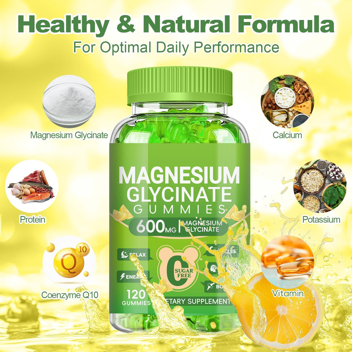 Magnesium Glycinate Gummies 600mg, Sugar Free Magnesium Gummies for Adults