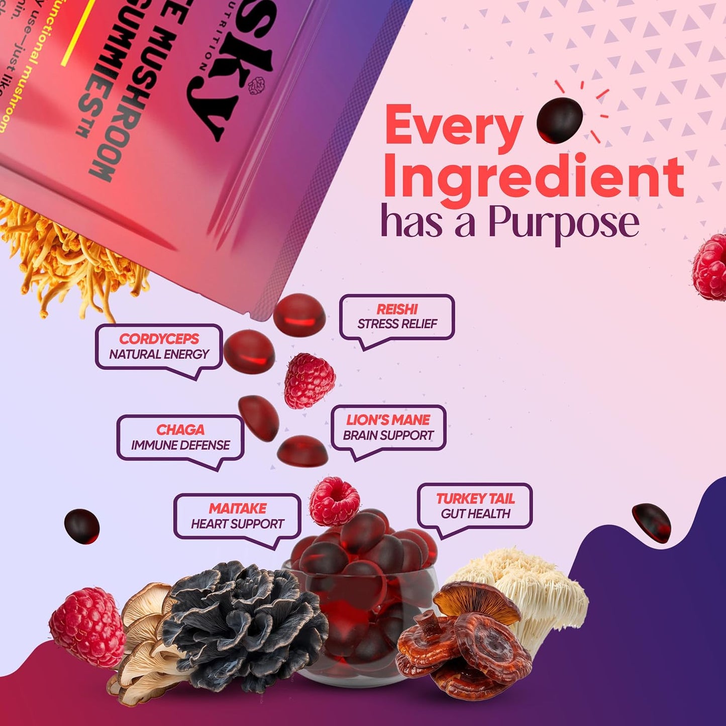 Mushroom Gummies - 10-in-1 Advanced Complex w/Lions Mane, Reishi, Cordyceps, Turkey Tail - Focus & Brain Support - Raspberry Flavored 60 Vegan Lions Mane Mushroom Gummies for Adults