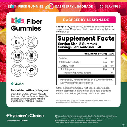 Physician's Choice Fiber Gummies for Kids - Supports Regularity, Occasional Constipation & Digestive Health - Sugar Free, Vegan, No Artificial Flavors - 3g Prebiotic Fiber - Raspberry Lemonade - 60 CT