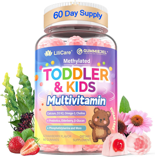 Toddler 2-3 & Kids 4+ Multivitamin Gummies w/ Iron, Omega-3, ARA, Calcium, Prebiotic, Methylated Picky Eater Vitamins for Kids 2+ Growth & Development | Vitamin C, D3 K2, B12, Methylfolate, Sugar Free