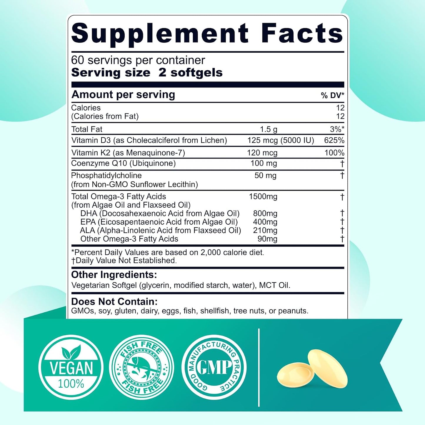 Vegan Omega 3 EPA DHA ALA Supplement + CoQ10, Vitamin D3 K2 (MK7) for Women Men | 1500mg Algae Oil as Fish Oil Alternative | Plant Based Omega 3 Mini Softgels for Bone, Brain, Eye, Skin | 120 Pills
