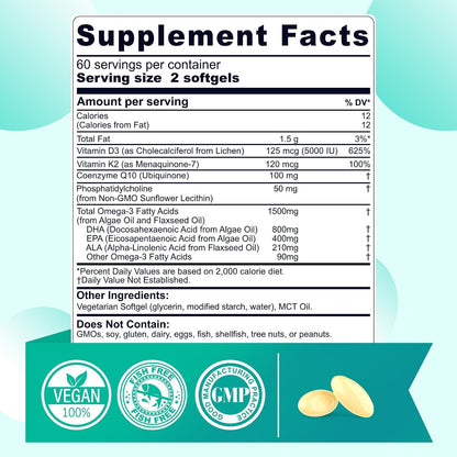 Vegan Omega 3 EPA DHA ALA Supplement + CoQ10, Vitamin D3 K2 (MK7) for Women Men | 1500mg Algae Oil as Fish Oil Alternative | Plant Based Omega 3 Mini Softgels for Bone, Brain, Eye, Skin | 120 Pills