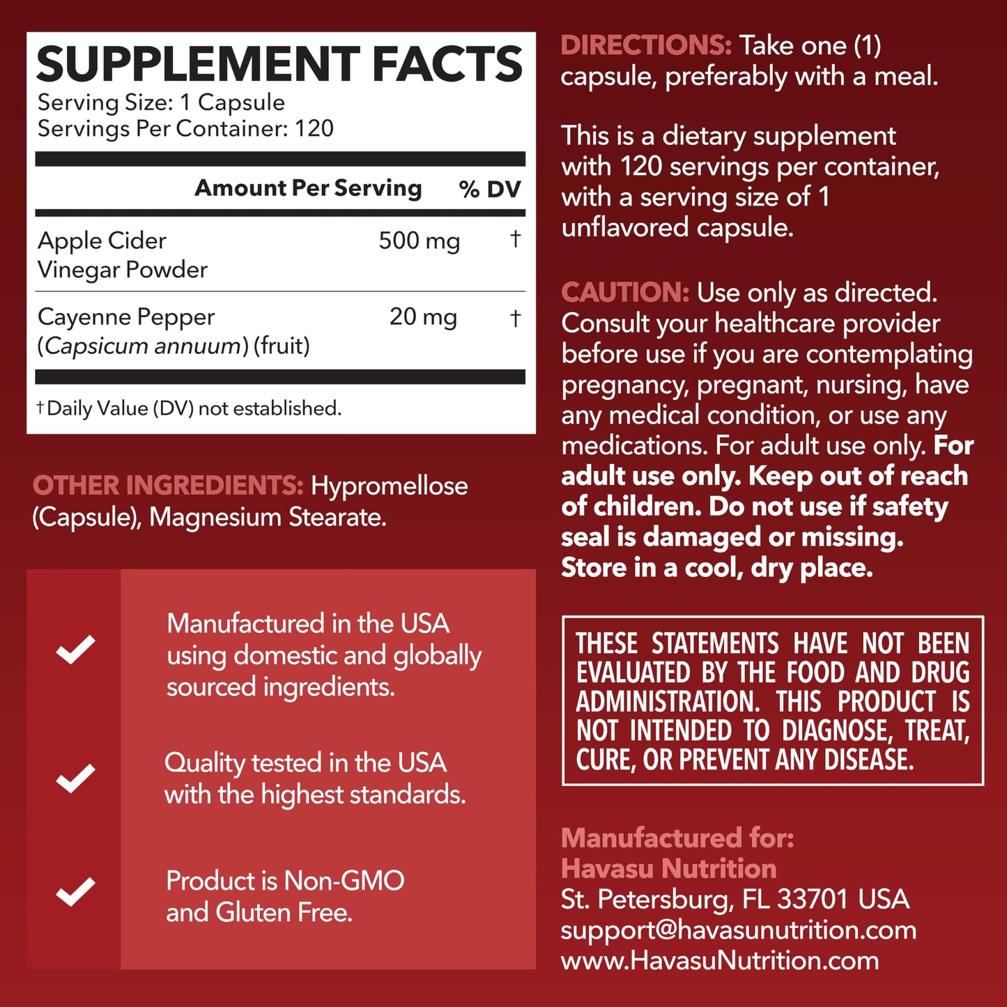 Apple Cider Vinegar Capsules with Cayenne Pepper, 60 Count, 2-Month Supply | 500mg ACV Per Serving for Appetite, Cravings, and Bloating Relief, Vegan, Non-GMO, Easy-to-Take Capsules, 60-Day Supply