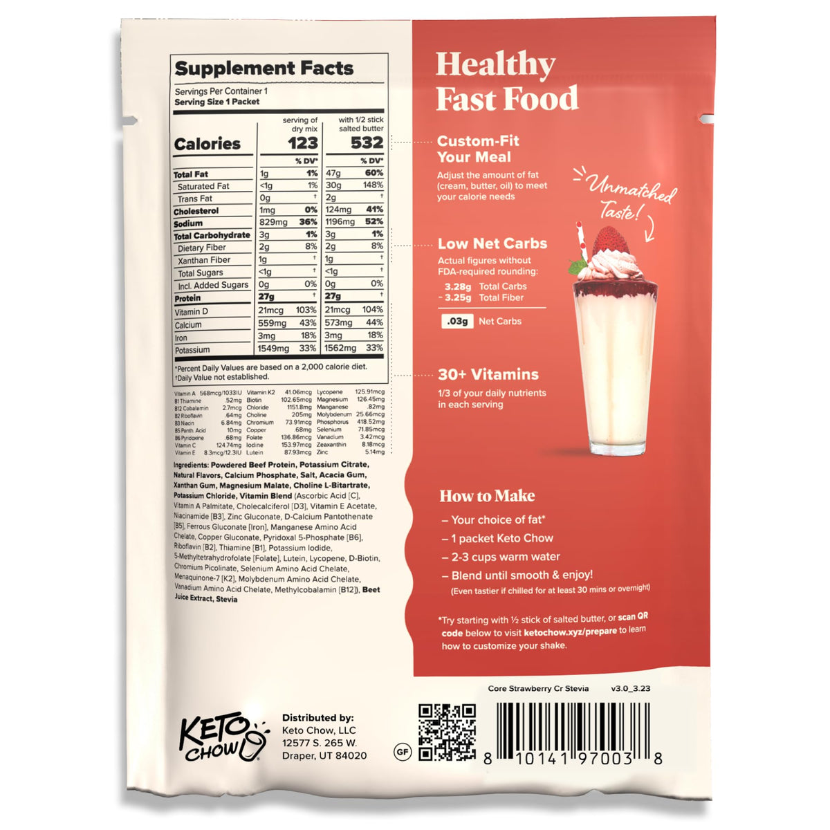 Keto Chow Chocolate CORE with Stevia Meal Replacement Shake Powder, 1 Meal