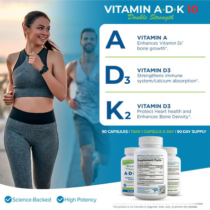 Power By Naturals ADK 10 Vitamin Supplement – Vitamins A, D3 & K2 MK-7 for Bone, Heart & Immune Health – Gluten-Free, Soy-Free – 90 Capsules (3-Month Supply)