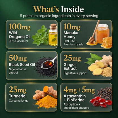 Organic Oil of Oregano Drops with Black Seed Oil, Wild Herbal Extract 93% Carvacrol, Liquid Tincture with Ginger & Manuka Honey UMF 25+, High Potency Botanical Blend, 60ml