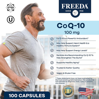 FREEDA CoQ10 100mg - Kosher Coenzyme Q10 Dietary Supplement for Cardiovascular Heart Health, Blood Pressure Support, Oral Gum Health, and Healthy Aging - Pure CoQ10 Capsules, 100 Count | Supports Oral Gum Health, Immune Support, & Healthy Aging – Pure Ant