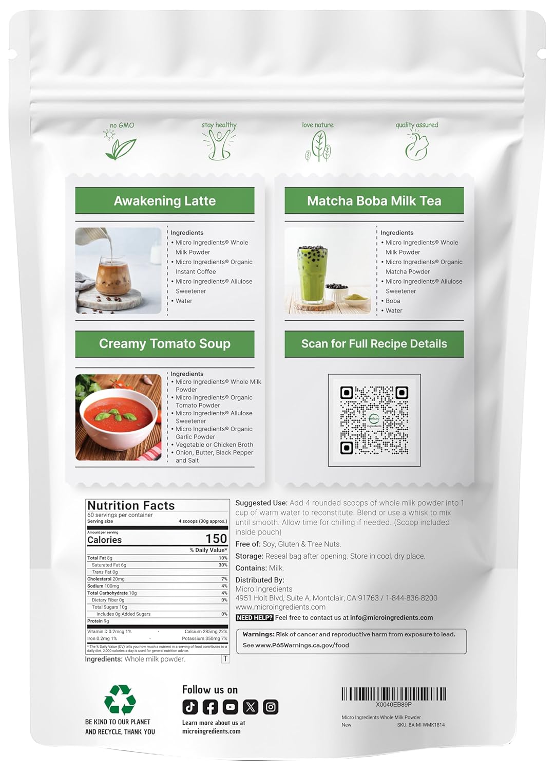 Micro Ingredients Whole Milk Powder, 4 lb | Pasture-Raised, rBST-Free | Pure & Rich in Protein | Ideal for Baking & Everyday Use | Non-GMO, Gluten-Free, Premium Grade