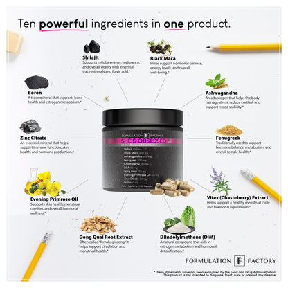 Formulation Factory Hormone Balance for Women - She's Obsessed Vitality Complex with Maca Root & Ashwagandha - Libido & Mood Support - 120 Capsules, 2 Month Supply