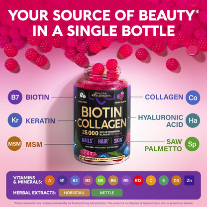 Biotin Gummies with Collagen - Hair Growth Support, Skin, & Nail Strength - for Women & Men - Biotin 10000mcg | Keratin | Hyaluronic Acid | B-Complex | Nettle - Sugar-Free, Mixed Berry, 60 Gummies