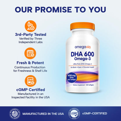 OmegaVia DHA 600 mg, Ultra Pure Omega-3 DHA Supplements for Brain and Eyes, DHA Prenatal Vitamins for Women, Burpless Fish Oil Omega 3, IFOS Tested, 120 Softgels