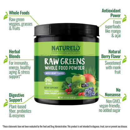 NATURELO Raw Greens Superfood Powder 480 Grams, Mixed Berry - Supports Energy, Immunity and Detox - Includes Spirulina, Wheat Grass and Organic Greens for Whole Food Nutrition