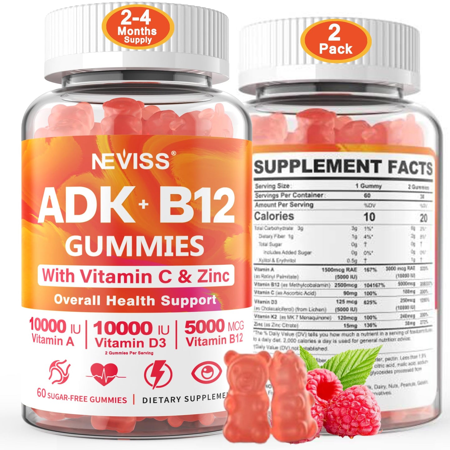 Sugar-Free ADK+Vitamin B12 Gummies - Vitamin D3 K2 10,000IU/ 5000IU, B12 5000mcg 2500mcg, K2 (MK-7) 240mcg, Multivitamin Adults-Vitamin A,Vegan Vitamin D,Methyl B12,C,Zinc-Eye,Bone,Energy,Nerve,Immune