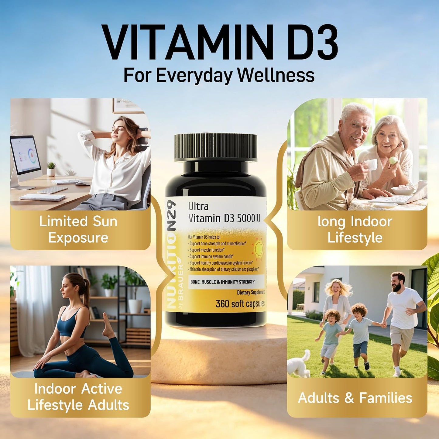 Vitamin D3 5000 IU (125 mcg),360 Day Supply Vitamin D Softgels | USP-Grade Provitas® Softgels with MCT & Olive Oil,High Potency Immune & Bone,Muscle Health Support Supplement,Non-GMO
