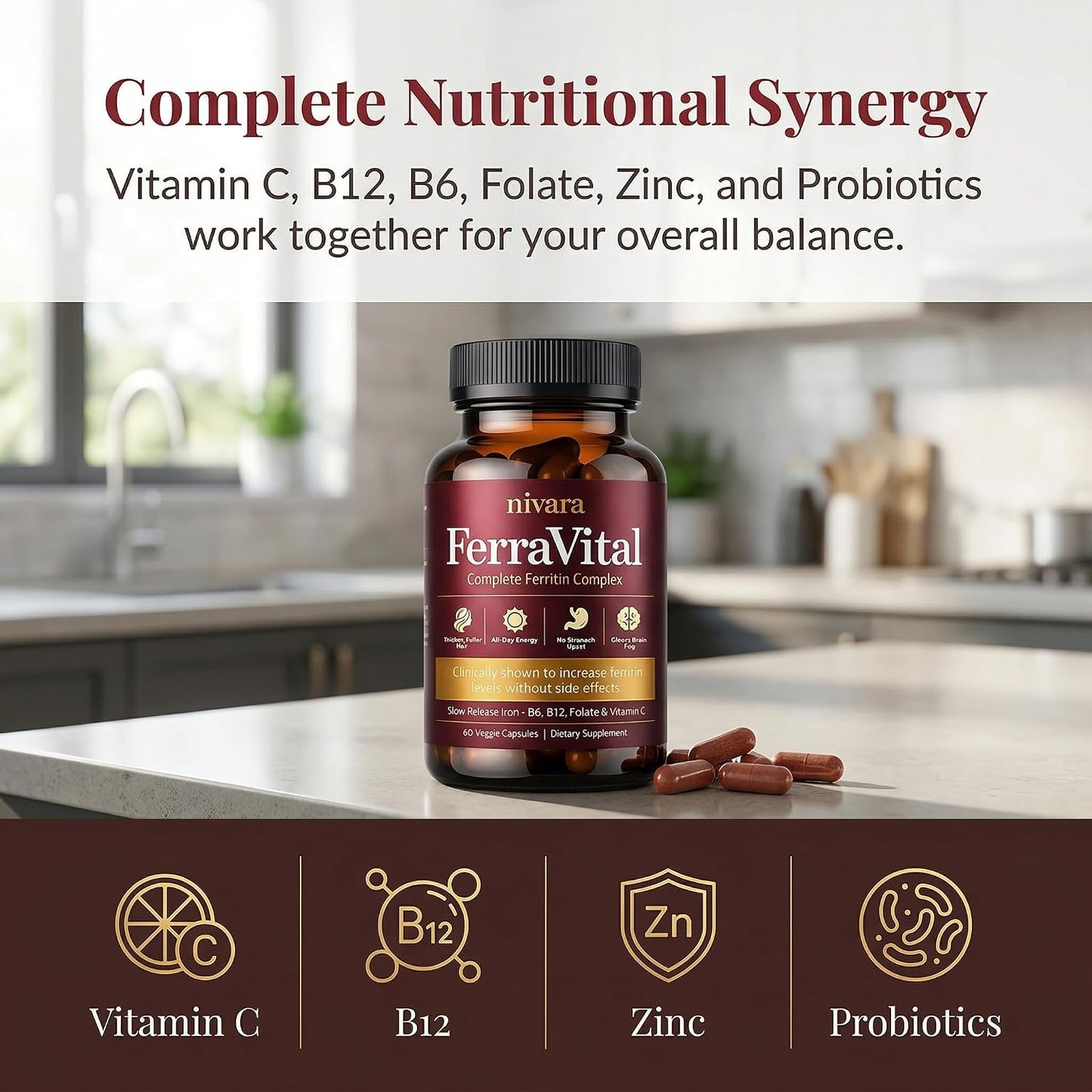 NIVARA FerraVital Ferritin Support for Women - Iron Supplement with Ferrous Glycinate, Vitamin C, B12, B6, Folate & Zinc, Supports Healthy Iron Levels & Daily Energy - 60 Capsules (1)