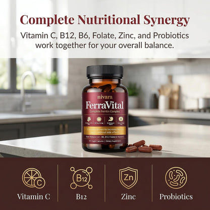 NIVARA FerraVital Ferritin Support for Women - Iron Supplement with Ferrous Glycinate, Vitamin C, B12, B6, Folate & Zinc, Supports Healthy Iron Levels & Daily Energy - 60 Capsules (1)