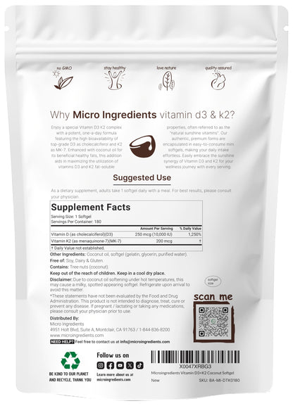 Micro Ingredients Vitamin D3 K2 MK-7 10,000 IU Per Serving, 300 Softgels | Made with Virgin Coconut Oil, K2 200 mcg Per Serving. D3 & K2 Vitamin Supplement. Easy-to-Swallow. Non-GMO, Gluten Free.