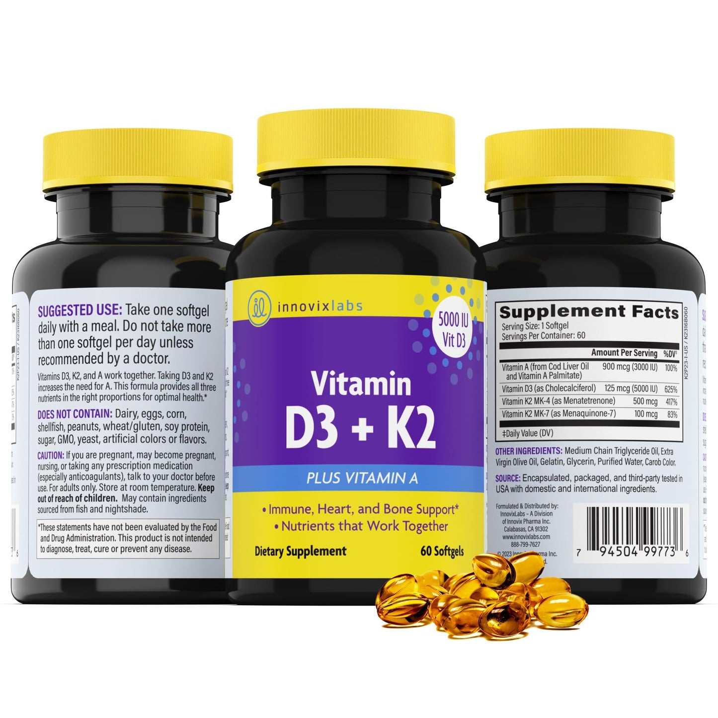 InnovixLabs Vitamin D3 K2-5000 IU Vitamin D3 Plus 600 mcg Vitamin K2 MK4 and MK7 for Max Calcium Absorption, Supports Bone, Immune, Heart Health, 3rd Party Tested, Gluten Free, 60 Softgels