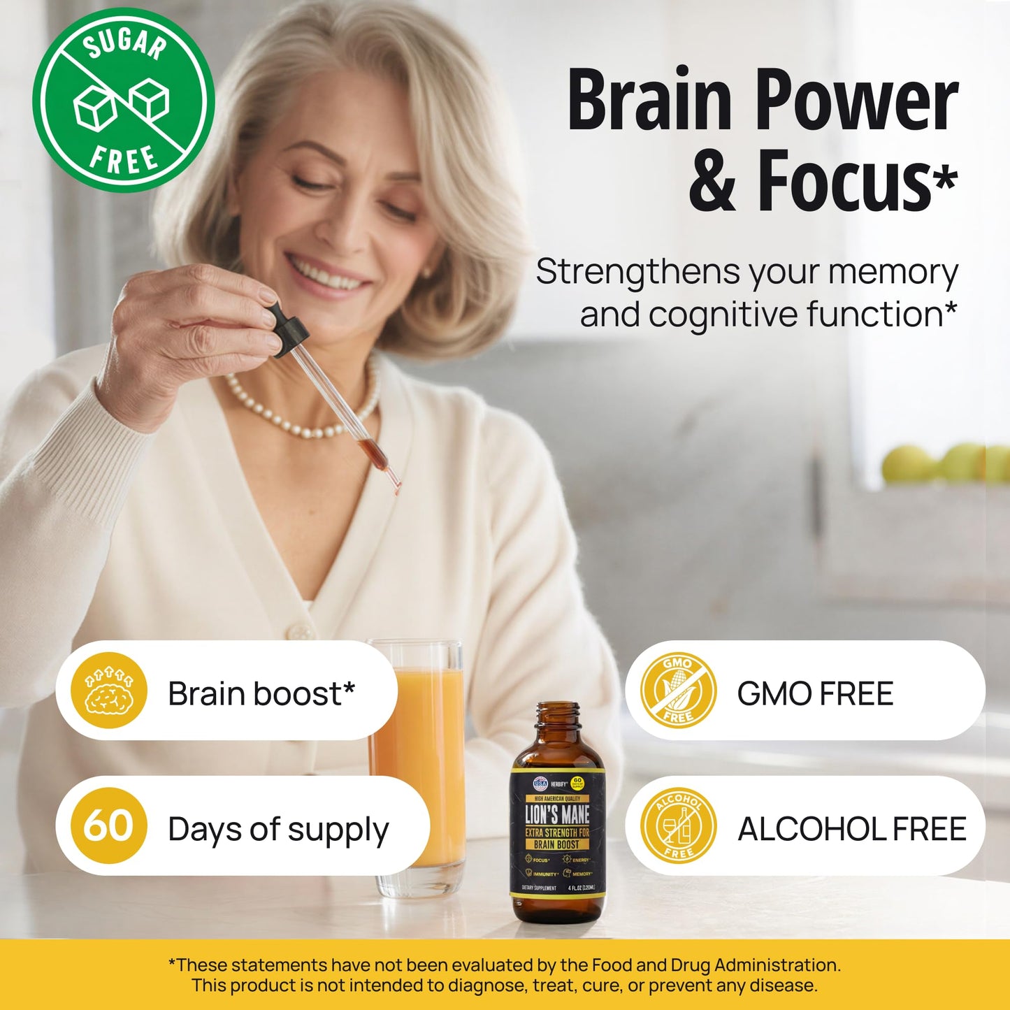 HERBIFY Lions Mane Supplement - Daily Mushroom Supplement for Memory, Focus & Clarity - Brain Booster - Lions Mane Tincture for Immune Support - 4 Fl oz