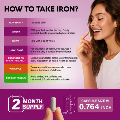Iron Supplement for Women - Iron 65mg (Ferrous Sulfate 325mg) - Stomach Friendly | Slow Release | High Absorption - Vitamins C, D3, B6, B12 & Folate - Energy Support - 60 Capsules, 2 Month Supply