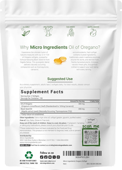 Micro Ingredients Oil of Oregano Softgels & Pure Triple Magnesium Complex 400mg Capsules | 2 Pack Bundle | 4X Strength Thymoquinone with Black Seed | Glycinate, Malate, & Taurate Forms