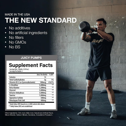 RAW Ready to Drink Pre-Workout Drink, Juicy Pumps (White Cherry) - Bum Pump RTD Zero-Sugar Energy Supplement Drink - Caffeine-Free & Sugar-Free Energy Drinks with L-Citrulline, 12 Fl Oz
