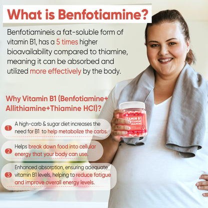 Vitamin B1 & Methylated Vitamin B Complex Gummies, GLP-1 Friendly B Vitamins + Benfotiamine + Thiamine & Inositol, B1 B2 B6 Multivitamins, L-methylfolate, Methyl B12 for Nerve Cognition Energy, 60 Cts