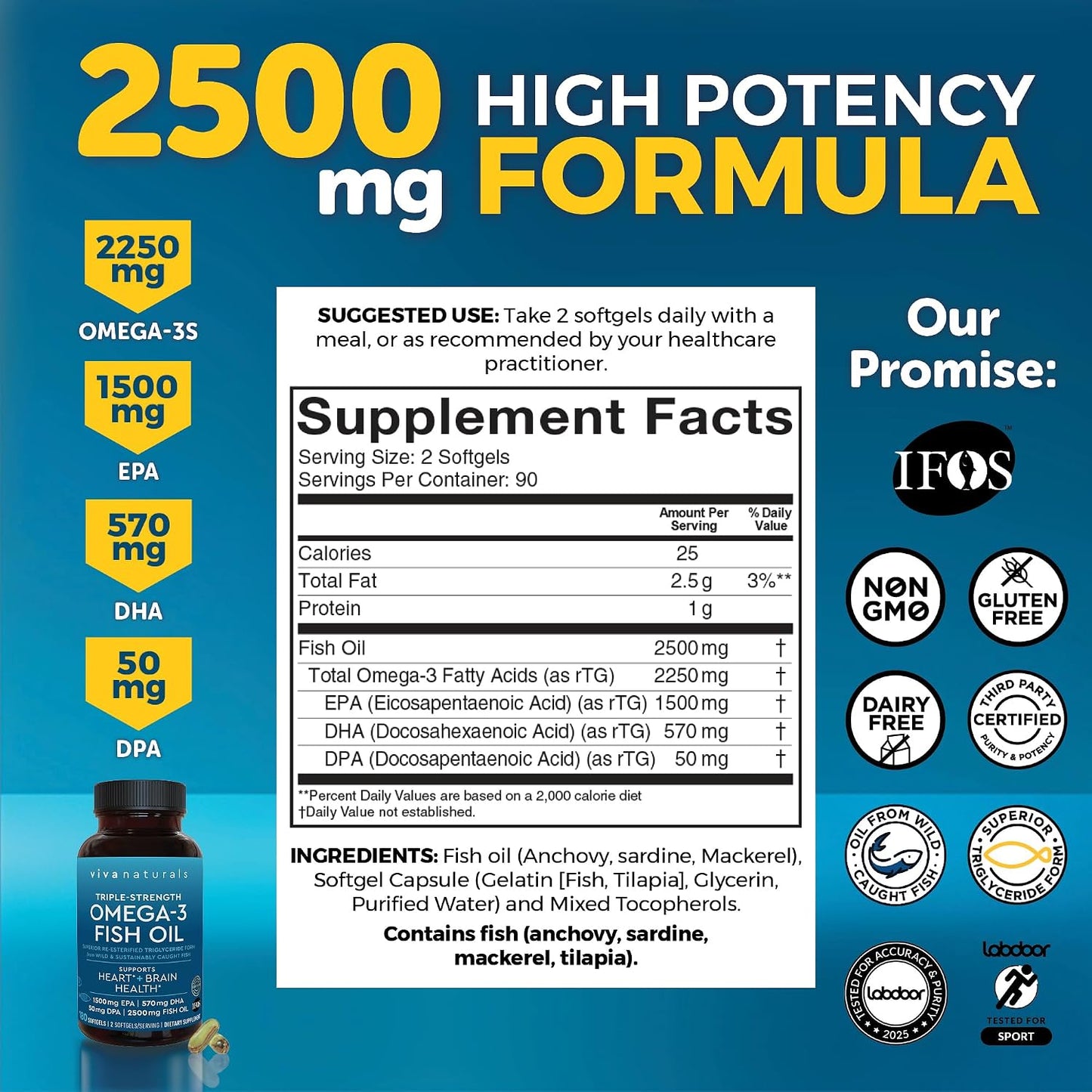 Omega 3 Fish Oil Supplement for Women and Men - 2500 mg Triple Strength Fish Oil per Serving with Omega 3 Fatty Acids Including EPA, DHA DPA - 180 Pescatarian-Friendly Softgels