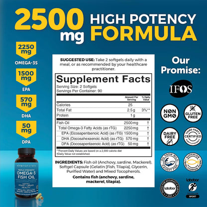 Omega 3 Fish Oil Supplement for Women and Men - 2500 mg Triple Strength Fish Oil per Serving with Omega 3 Fatty Acids Including EPA, DHA DPA - 180 Pescatarian-Friendly Softgels