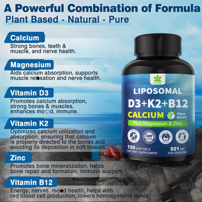 6-in-1 Plant Based Calcium Supplements for Women Men- Calcium 600mg w/ D3 K2 5000 IU Vitamin, Liposomal & Algae Ca-lcium Magnesium Zinc + Vegan Vitamin D 5000 IU + K2 MK7 + Methyl B12 for Bone, 1 Pack