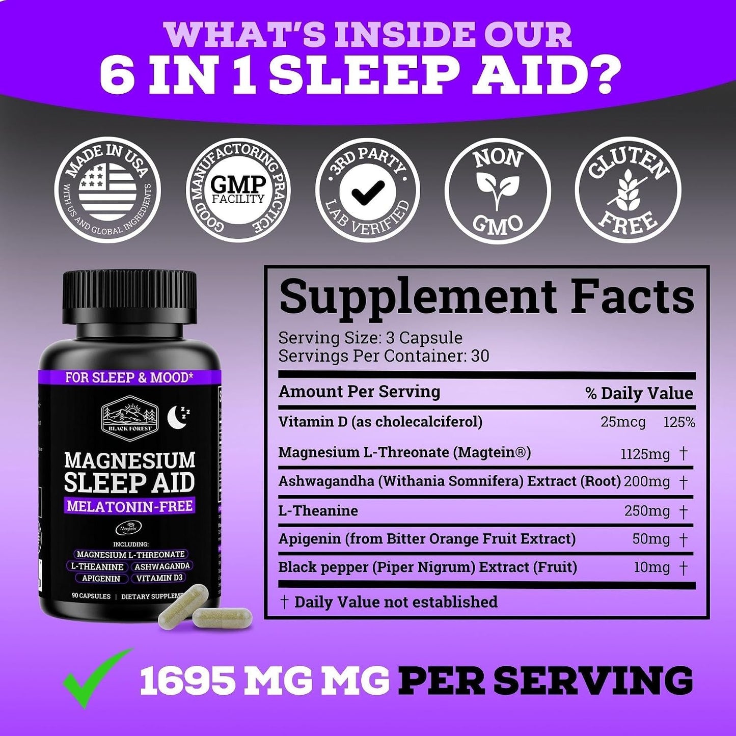 Black Forest Ashwagandha Magnesium Sleep Aid (6-in-1) - Magtein Magnesium L-Threonate, L-Theanine, Apigenin Supplement for Sleep 3 Enhanced with (Ashwagandha L theanine & Vitamin D)