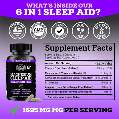 Black Forest Ashwagandha Magnesium Sleep Aid (6-in-1) - Magtein Magnesium L-Threonate, L-Theanine, Apigenin Supplement for Sleep 3 Enhanced with (Ashwagandha L theanine & Vitamin D)
