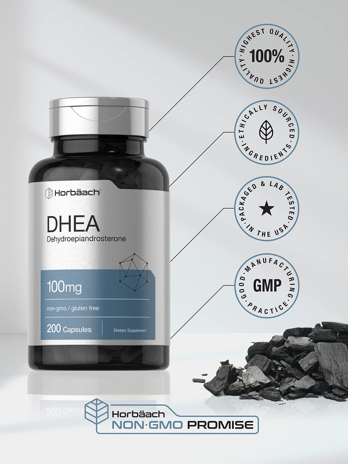 DHEA 100mg | 200 Capsules | Non-GMO, Gluten Free Supplement | by Horbaach