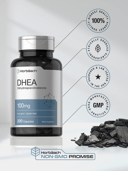 DHEA 100mg | 200 Capsules | Non-GMO, Gluten Free Supplement | by Horbaach