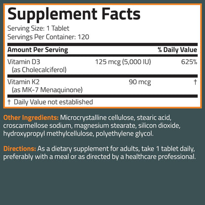 Bronson Vitamin K2 D3 (MK7) Supplement 2-in-1 D3 & K2 Complex, 120 Tablets | Bone, Immune & Heart Health Support, Gluten-Free, Soy-Free, Non-GMO, Vitamin D3 5000 IU (125 mcg) & 90 mcg K2 MK-7