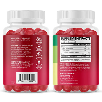 Apple Cider Vinegar Gummies, USDA Organic, Apple Flavor, 1-Month Supply | USDA Organic ACV Gummies for Digestive Health, Metabolism & Gut Support, Vegan, Gluten-Free, No Harsh Taste, 60ct