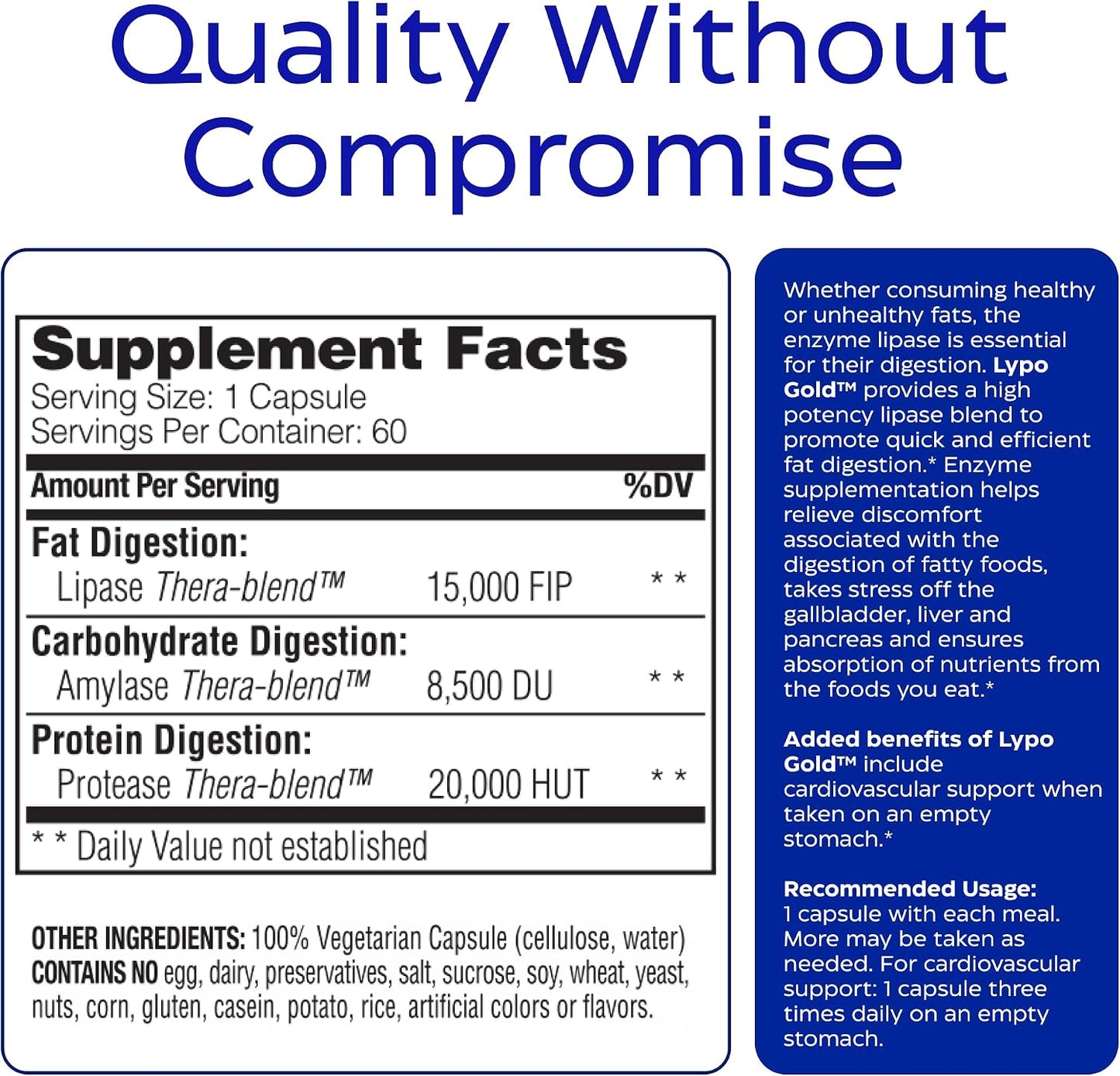 Enzymedica Lypo Gold - Protease, Amylase & Lipase Digestive Enzymes for Women & Men, Enzyme Supplement for Fat Digestion, Gut Health & Gallbladder Support, Helps Gas & Bloating, Gluten Free - 60 Caps