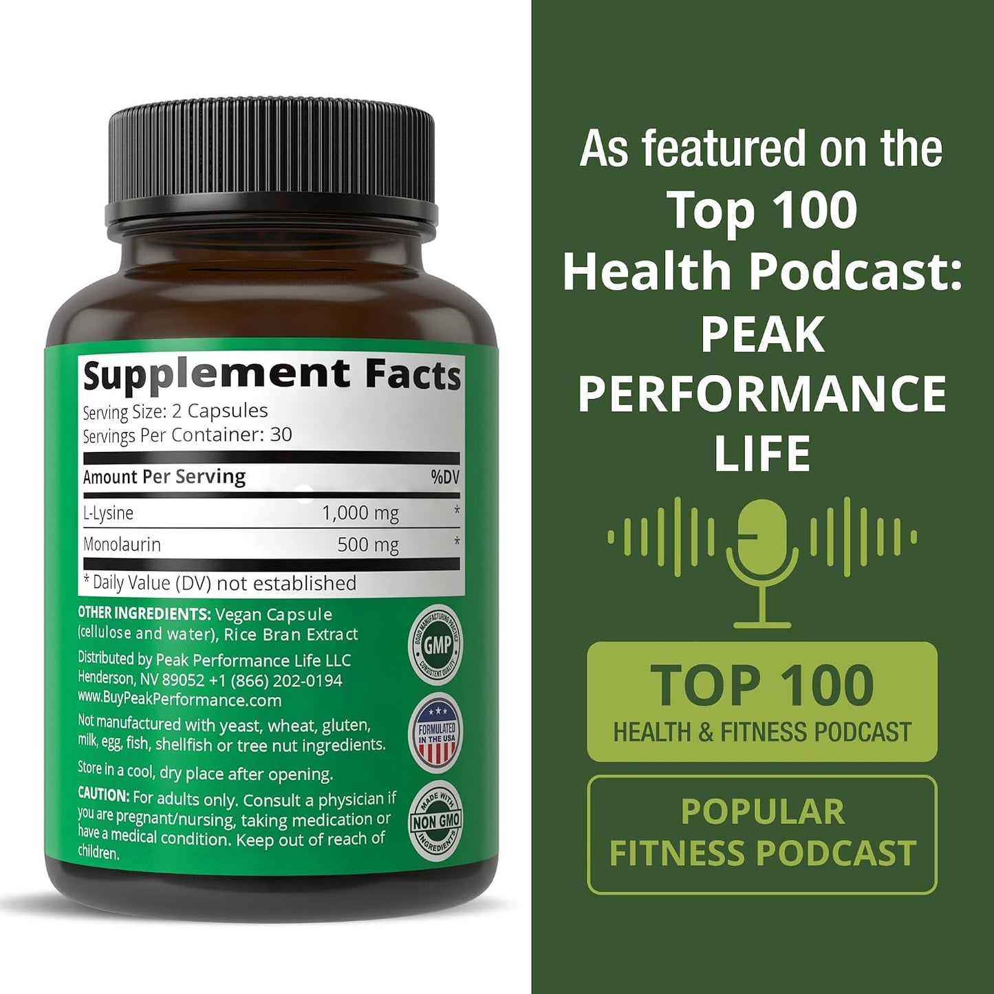 Peak Performance L Lysine 1000mg + Monolaurin 500mg High Potency Supplement for Lips, Skin, & Immune Support - L-Lysine 2-in-1 Bioavailable Supplements for Men and Women - 60 Capsules