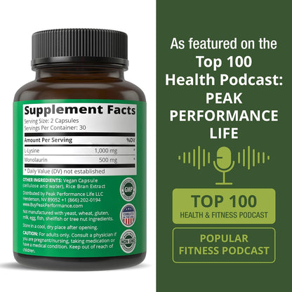 Peak Performance L Lysine 1000mg + Monolaurin 500mg High Potency Supplement for Lips, Skin, & Immune Support - L-Lysine 2-in-1 Bioavailable Supplements for Men and Women - 60 Capsules