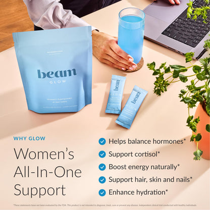 BEAM Glow Hormone Support & Cortisol Supplement for Women - Daily Vitamins for Women with Ashwagandha, Selenium, Zinc, Vitamin A, Biotin for Cycle Health, Mood & Energy, Strawberry Kiwi, 15 Servings