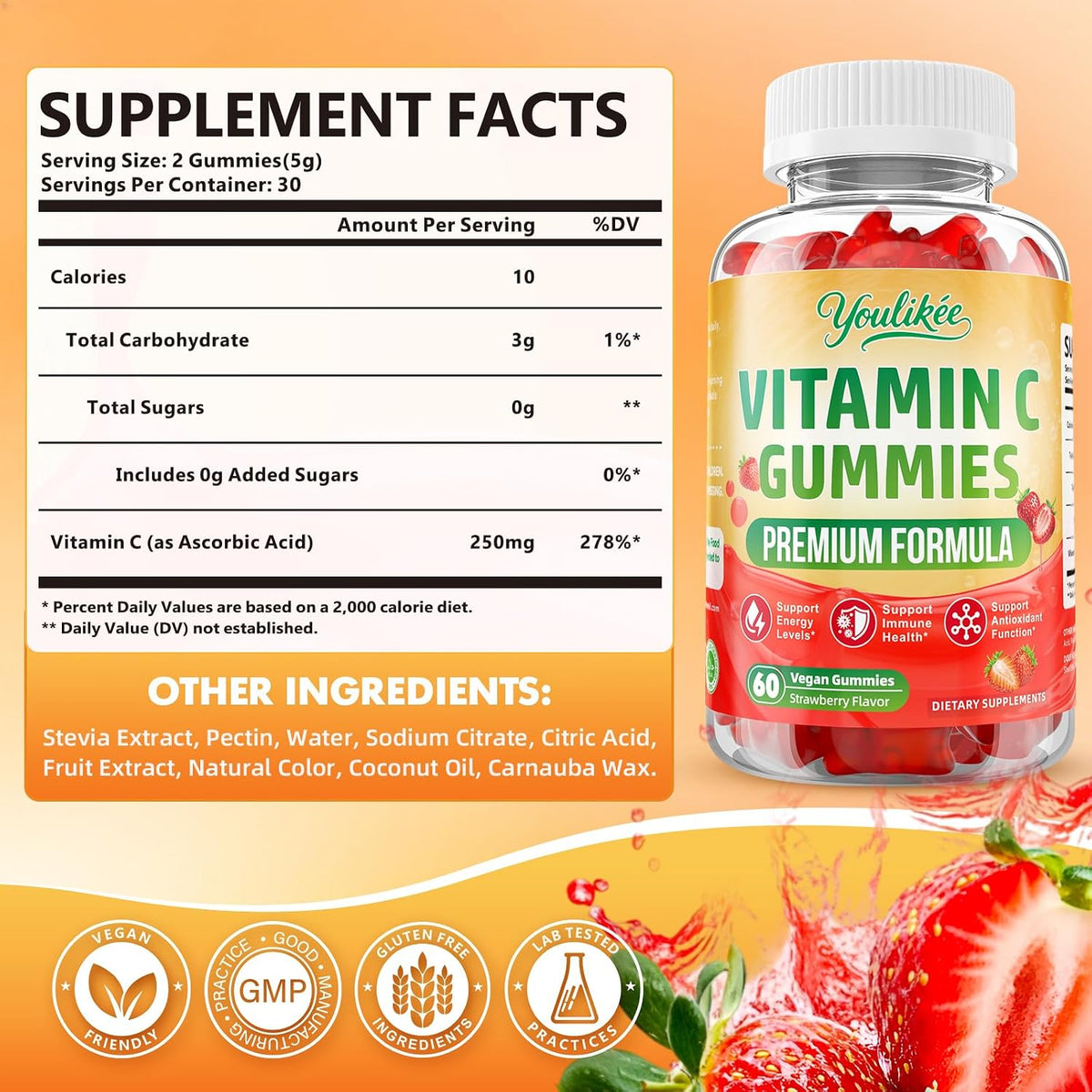 Vitamin C Gummies for Adults, Immune Support Supplement for Energy, 60 Ct | Antioxidant Protection, Non-GMO, Vegan, Sugar-Free, Strawberry Flavor