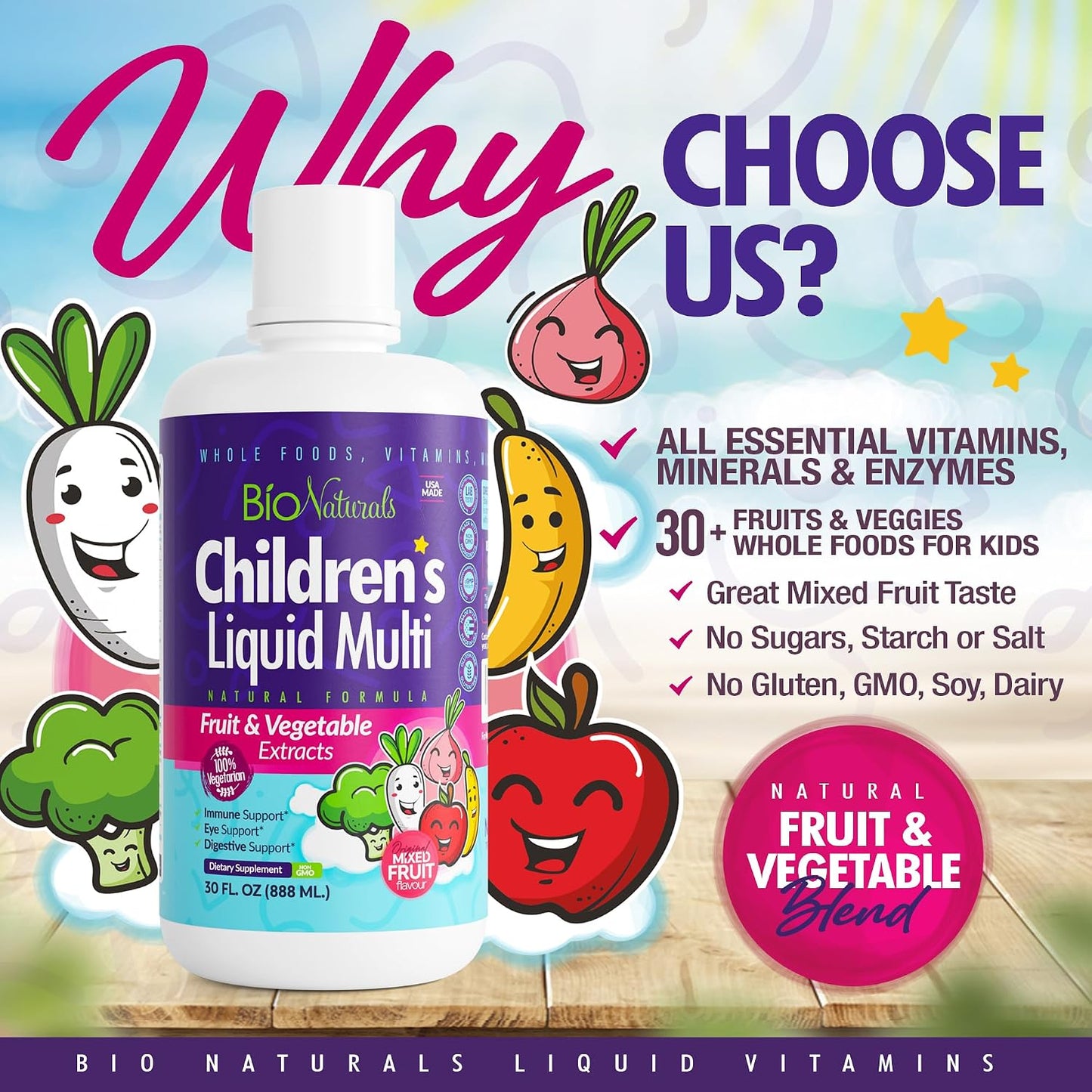 Children's Liquid Multivitamin & Immune Booster - Natural Supplement for Kids & Toddlers with Vitamins A B C D3 E, Fiber, Fruits & Vegetables - No Gluten, Sugar, Dairy, Soy - 30 oz
